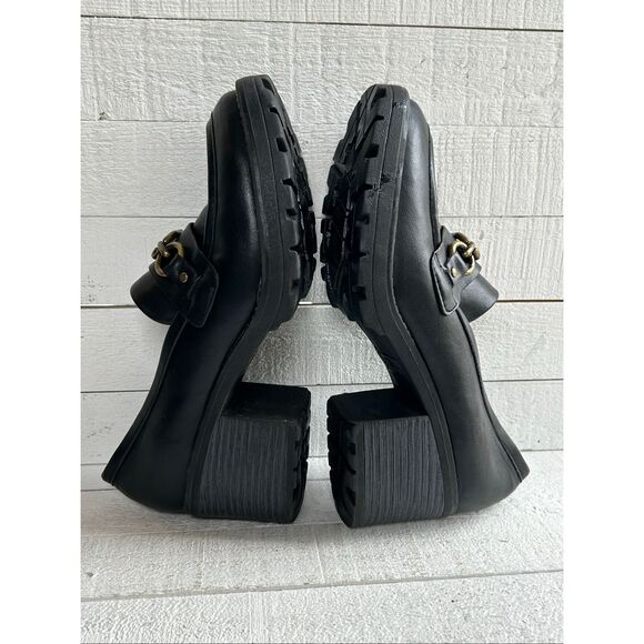 Women’s Black Chunky Heel Loafers Size 6M Gold Chain Block Heel Lug Sole - Picture 11 of 12